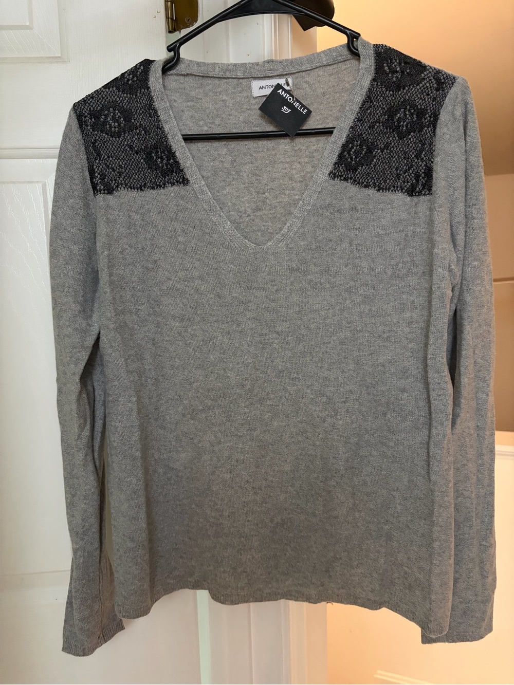 Antonelle Gray V-Neck Sweater with Black Lace Shoulder Detail